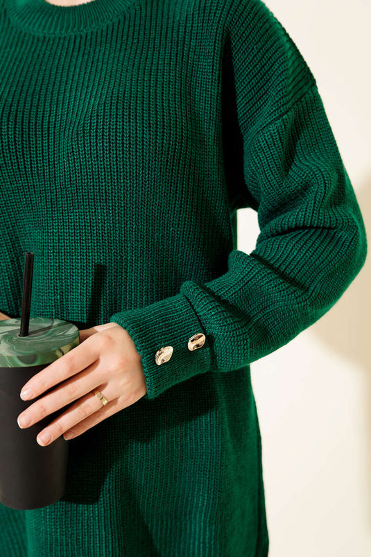 Knitted Tunic with Cufflinks Detail in Emerald