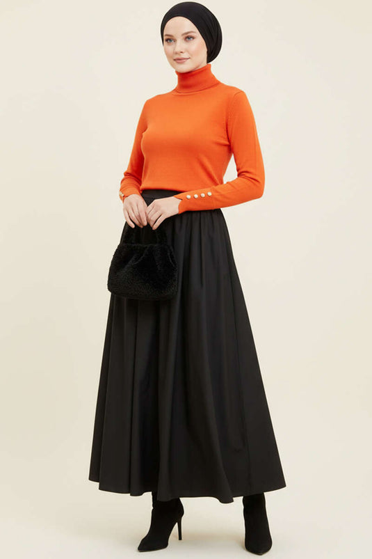 سترة محبوكة بياقة مدورة وأزرار أكمام، برتقالية