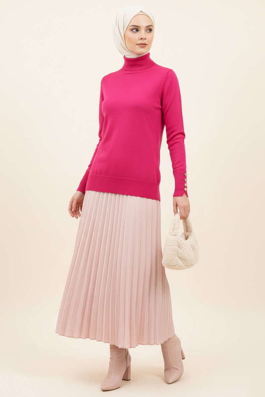 سترة محبوكة بياقة مدورة وأزرار أكمام باللون الوردي