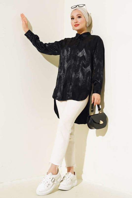 Chemise à Motifs Jacquard avec Boutons de Manchette Noir