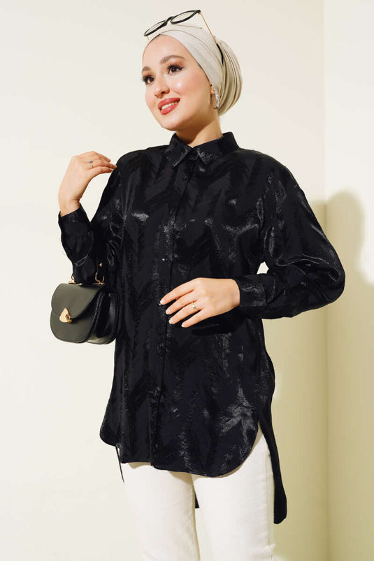 Chemise à Motifs Jacquard avec Boutons de Manchette Noir