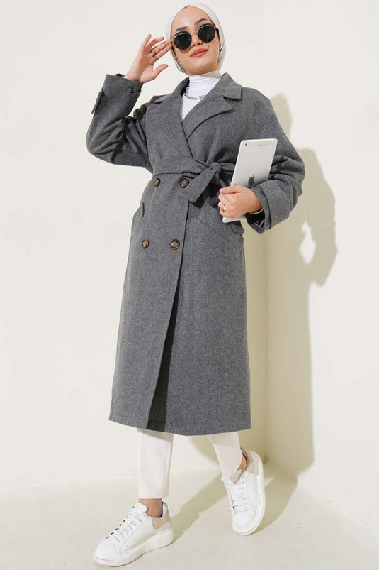 Buttoned-Sleeve Tweed Coat in Smoke