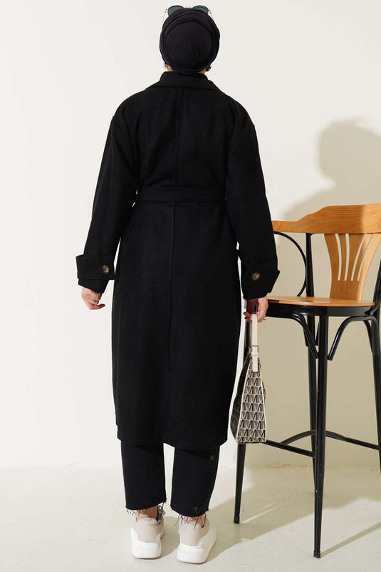 Black Sleeve-Buttoned Moleskin Overcoat