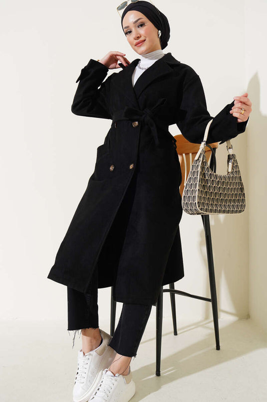 Black Sleeve-Buttoned Moleskin Overcoat