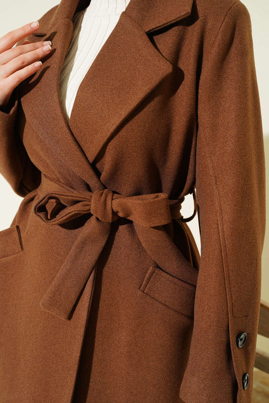 Light Brown Cashmere Coat with Cufflinks and Belt