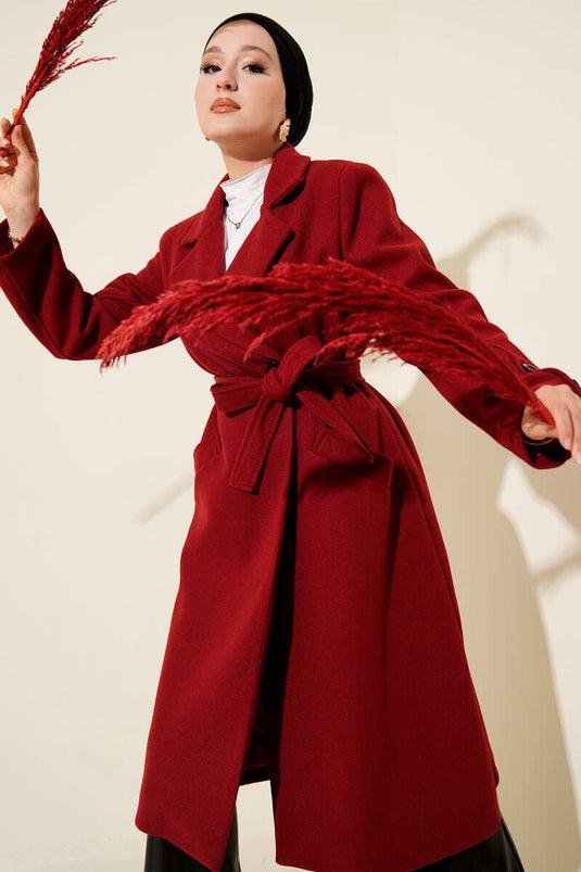 Burgundy Cashmere Coat with Cufflinks and Belt