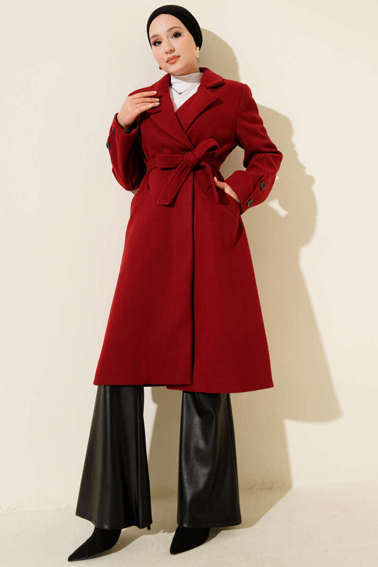 Burgundy Cashmere Coat with Cufflinks and Belt