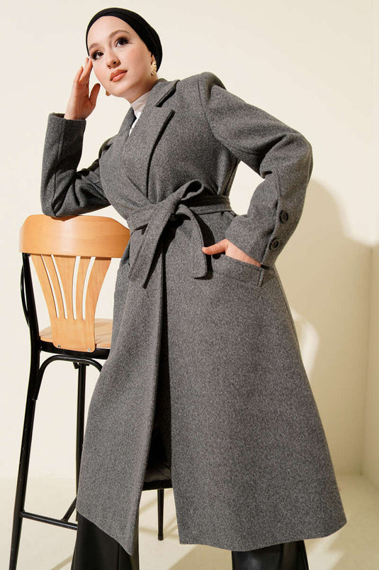 Wool Coat with Sleeve Buttons and Belt, Smoke Gray