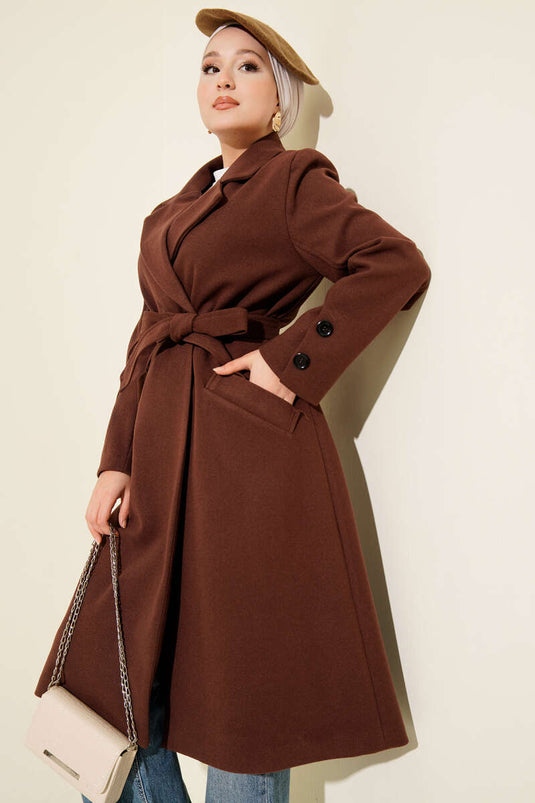 Chestnut Cashmere Coat with Cufflinks and Belt
