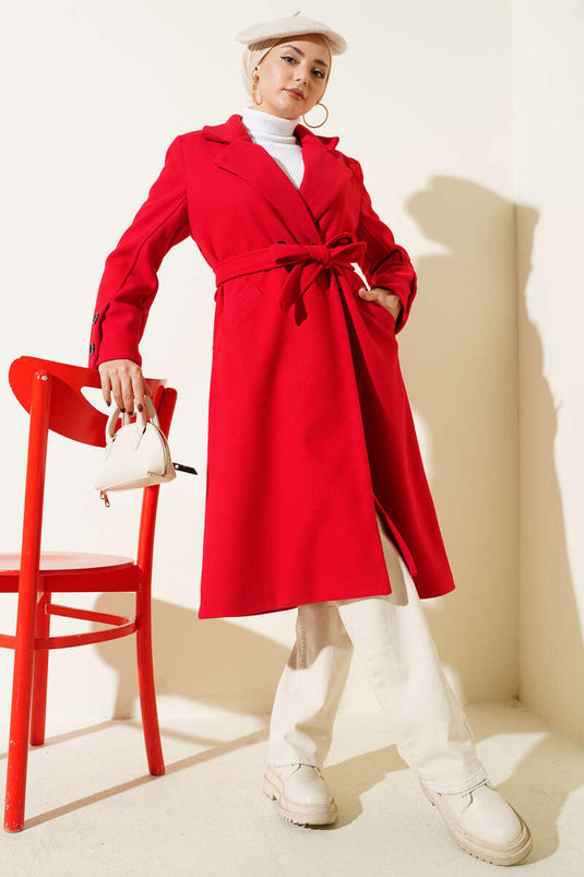Red Cashmere Coat with Cufflinks and Belt