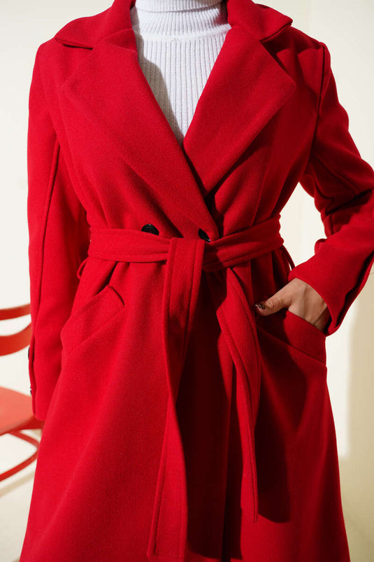 Red Cashmere Coat with Cufflinks and Belt