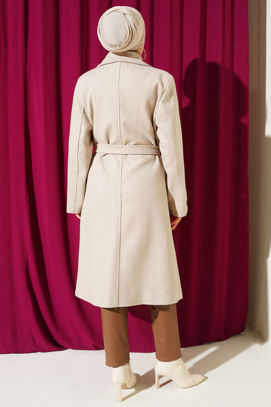 Beige Cashmere Coat with Cufflinks and Belt