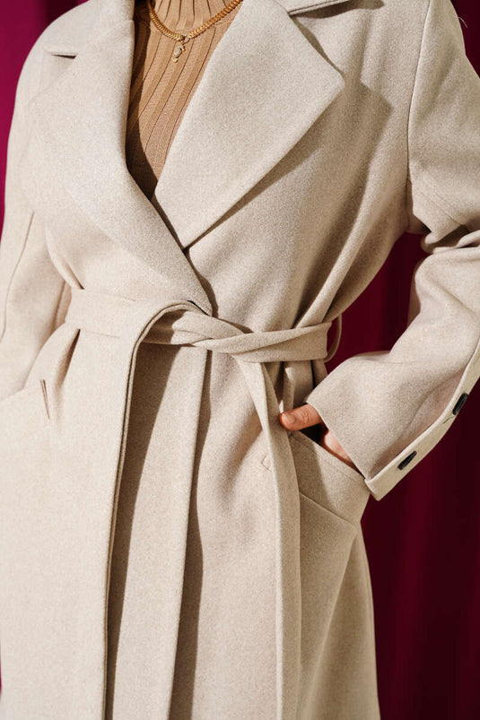 Beige Cashmere Coat with Cufflinks and Belt