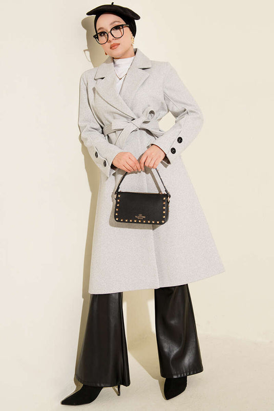 Melange Grey Cashmere Coat with Cufflinks and Belt
