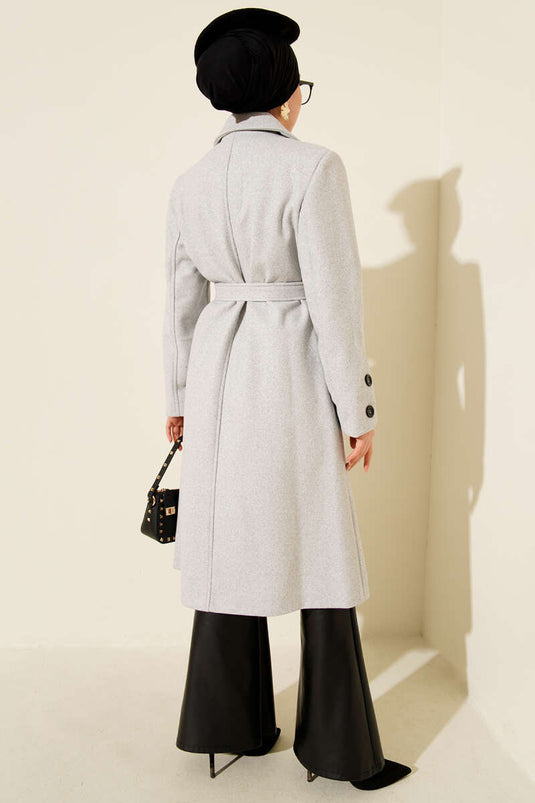 Melange Grey Cashmere Coat with Cufflinks and Belt