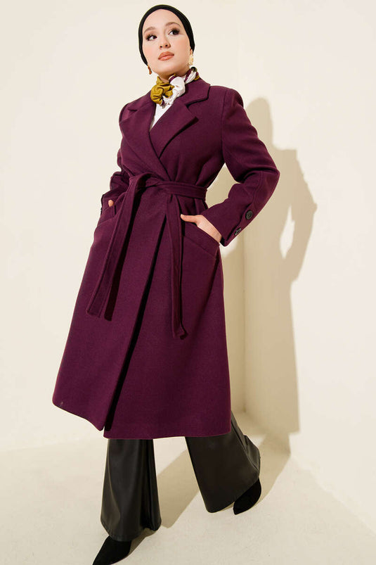 Purple Cashmere Coat with Cufflinks and Belt