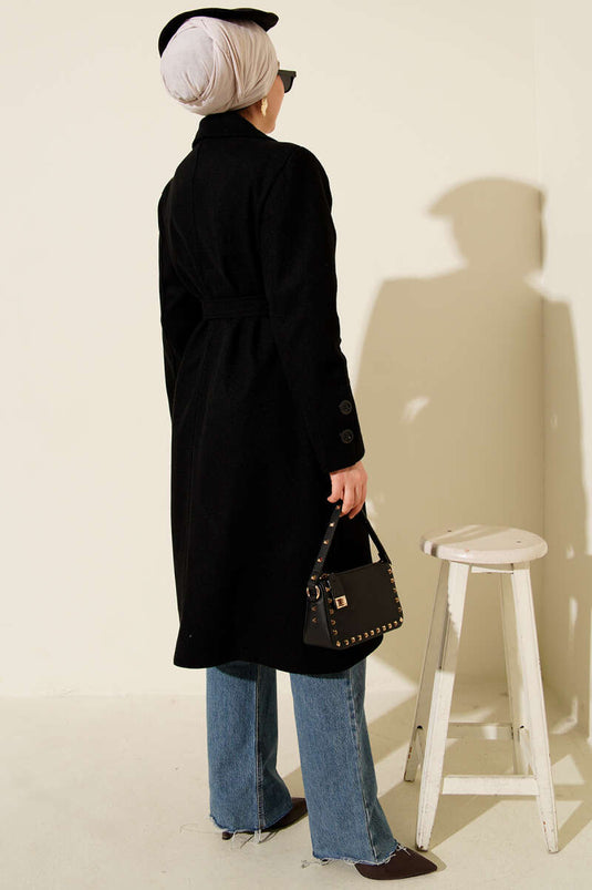 Black Cashmere Coat with Cufflinks and Belt