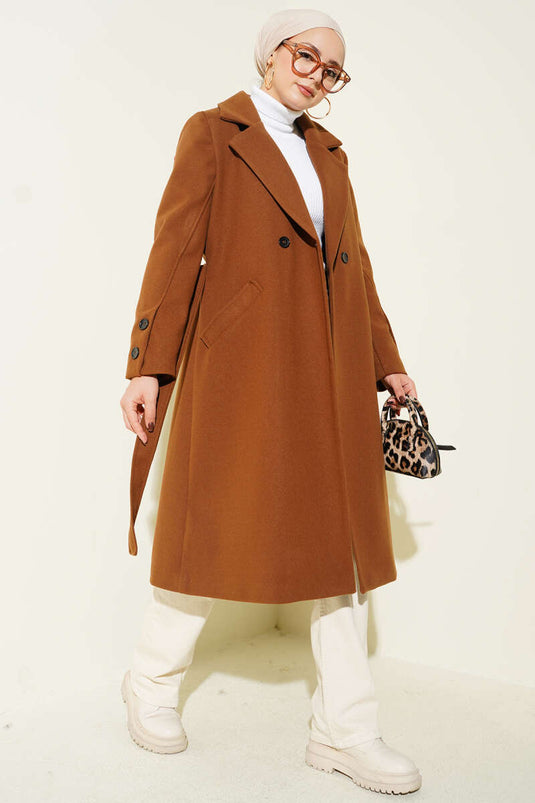 Tan Cashmere Coat with Cufflinks and Belt