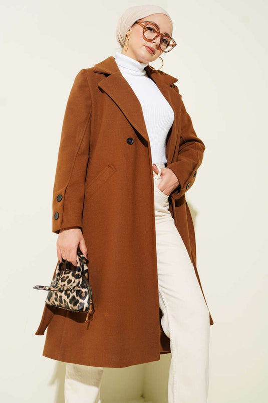 Tan Cashmere Coat with Cufflinks and Belt