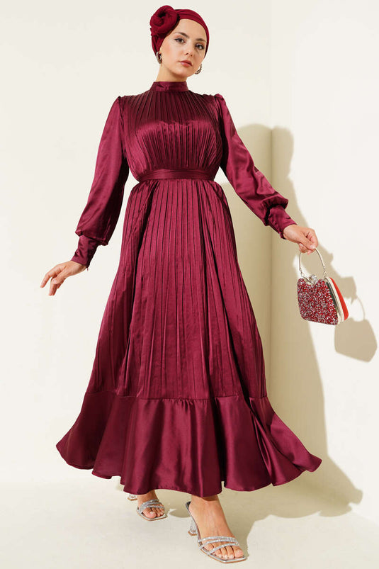 Burgundy Pleated Evening Dress with Sleeve Zipper