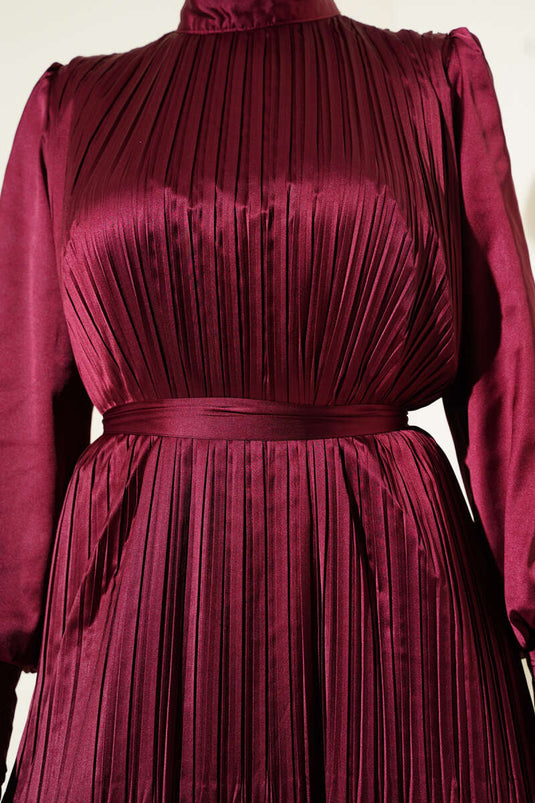 Burgundy Pleated Evening Dress with Sleeve Zipper