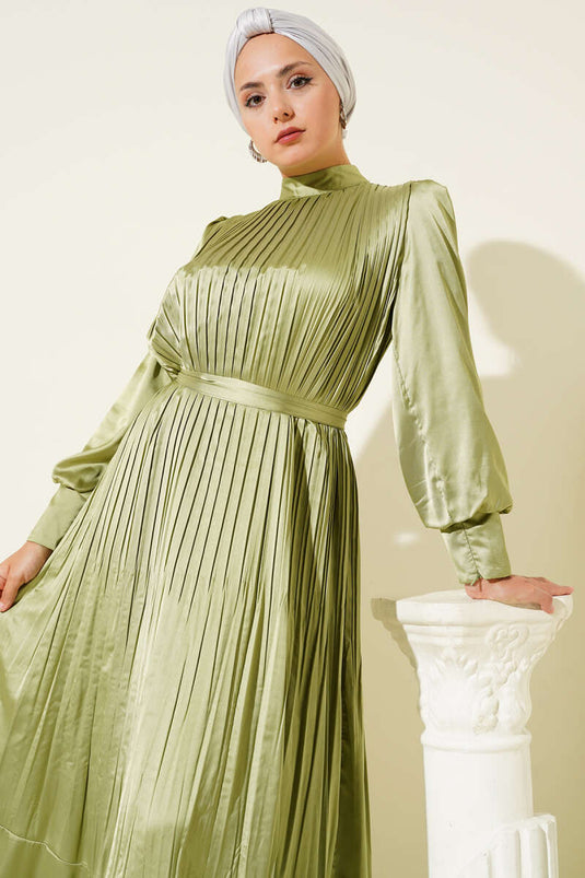 Pleated Evening Dress with Sleeve Zipper, Light Green