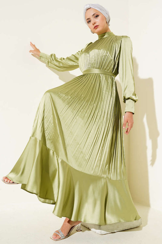 Pleated Evening Dress with Sleeve Zipper, Light Green