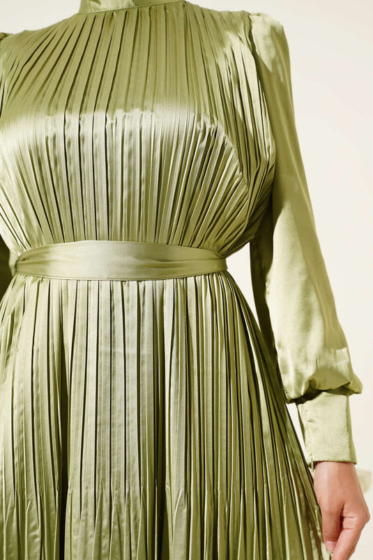 Pleated Evening Dress with Sleeve Zipper, Light Green