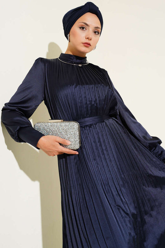 Navy Blue Pleated Evening Dress with Sleeve Zipper
