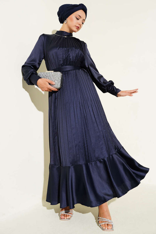 Navy Blue Pleated Evening Dress with Sleeve Zipper