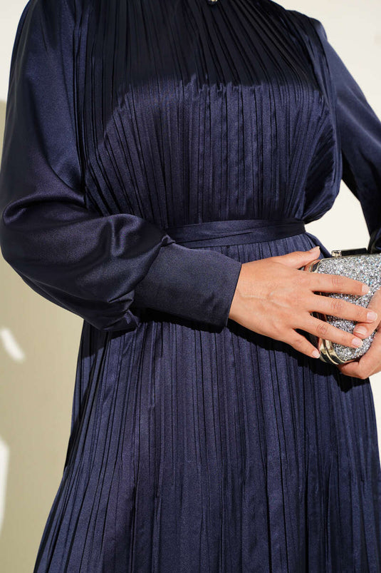Navy Blue Pleated Evening Dress with Sleeve Zipper