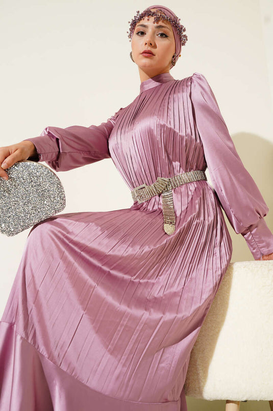 Pleated Evening Dress with Sleeve Zipper, Powder Pink