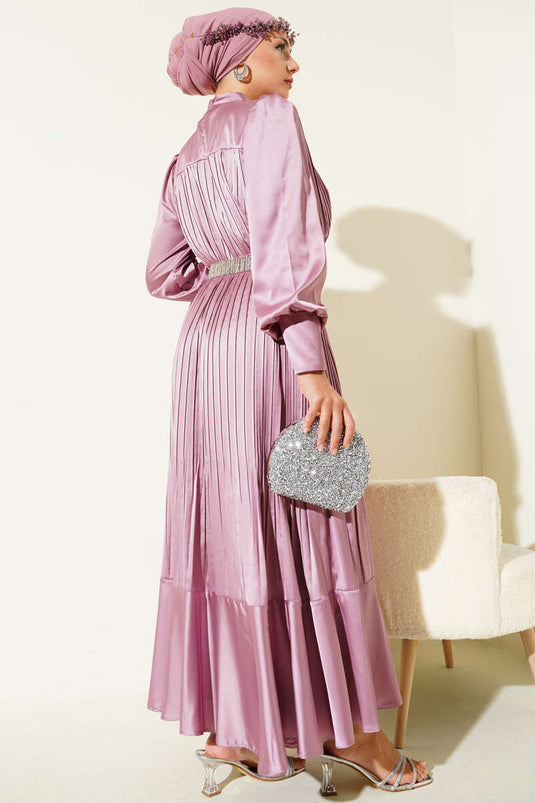Pleated Evening Dress with Sleeve Zipper, Powder Pink