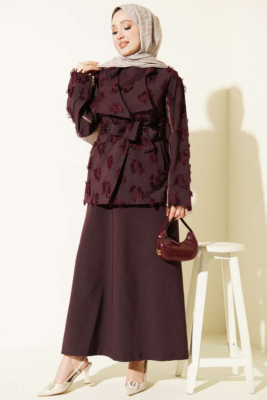 Zweiteiliges Set mit Kleid und Reißverschluss am Ärmel, Bordeaux