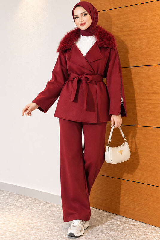 Burgundy Zippered Collar Fur-Trimmed Two-Piece Set
