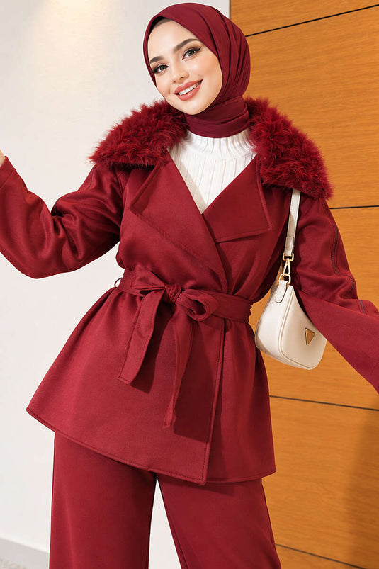 Burgundy Zippered Collar Fur-Trimmed Two-Piece Set