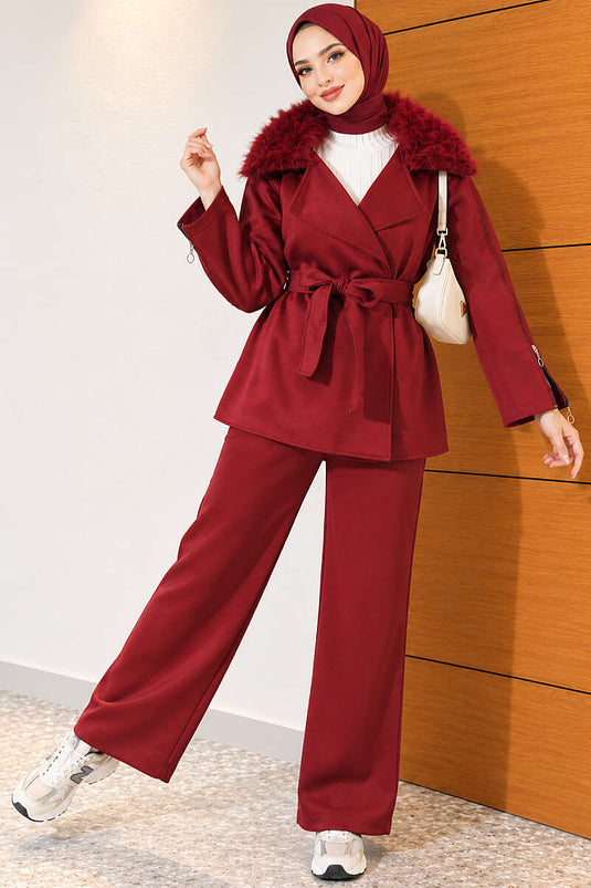 Burgundy Zippered Collar Fur-Trimmed Two-Piece Set