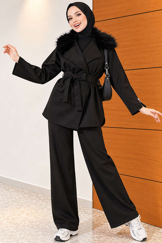 Completo Due Pezzi Con Zip E Collo In Pelliccia Nero
