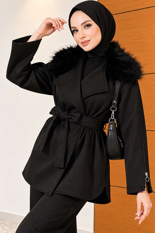 Completo Due Pezzi Con Zip E Collo In Pelliccia Nero