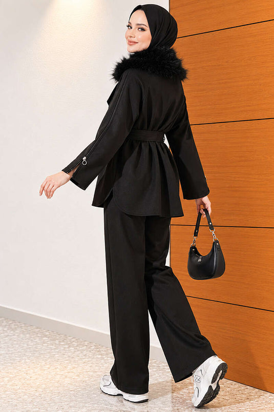 Completo Due Pezzi Con Zip E Collo In Pelliccia Nero