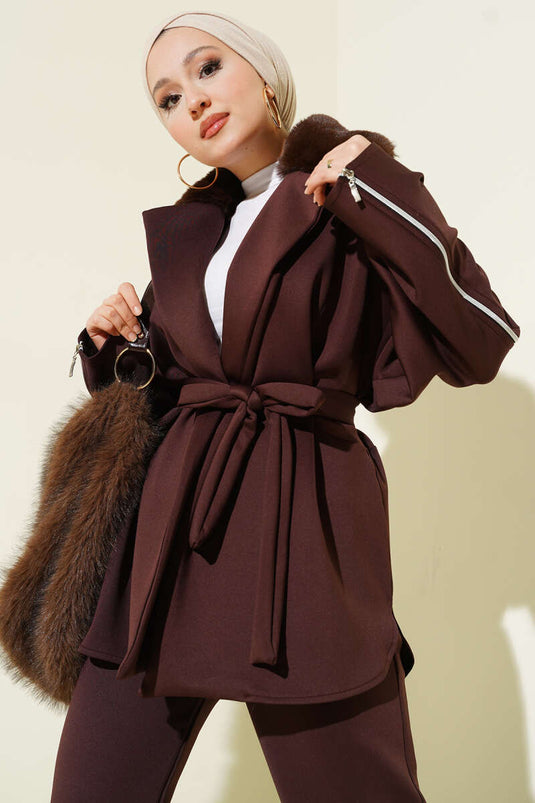 Kol Fermuarlı Yaka Kürklü Scuba İkili Takım Kahve