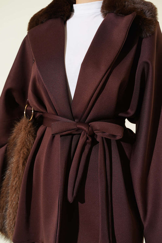 Kol Fermuarlı Yaka Kürklü Scuba İkili Takım Kahve