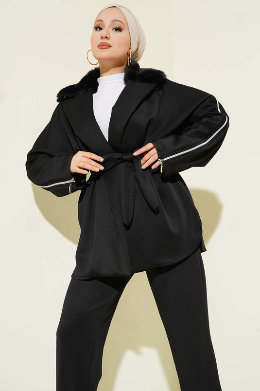 Kol Fermuarlı Yaka Kürklü Scuba İkili Takım Siyah