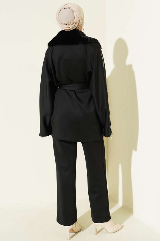 Kol Fermuarlı Yaka Kürklü Scuba İkili Takım Siyah