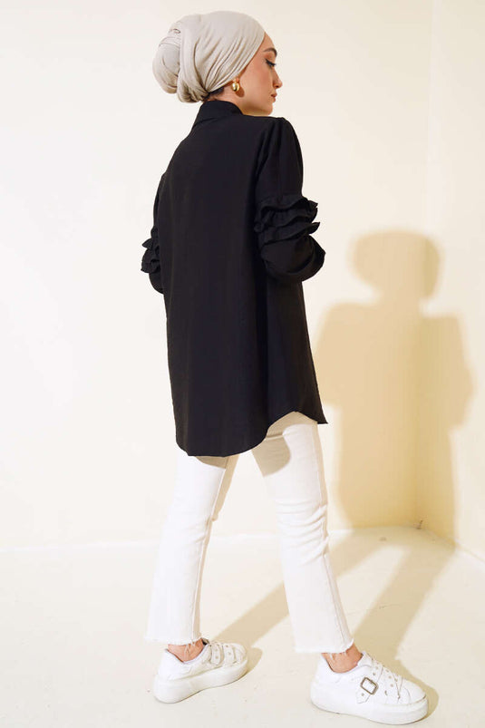 Camicia dettagliata con volant sulle maniche Nera