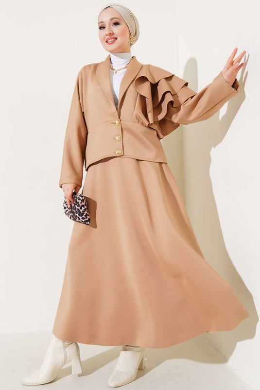 Scuba Two Piece Set Camel with Sleeve Ruffle Skirt