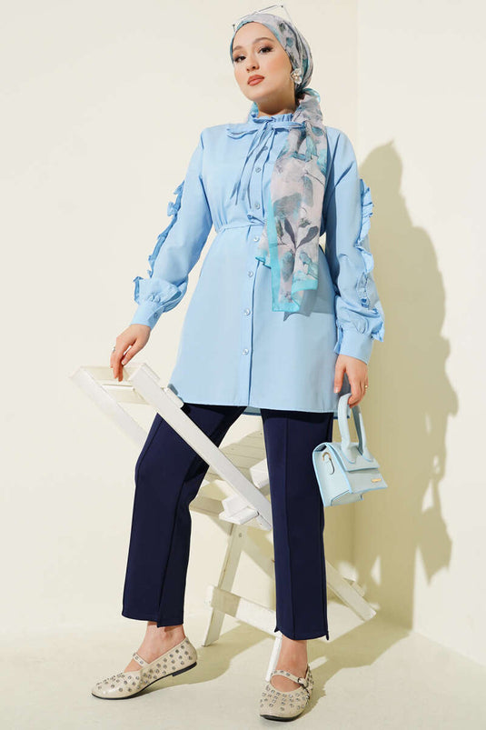 Kol Fırfırlı İp Kuşaklı Gömlek Bebe Mavi