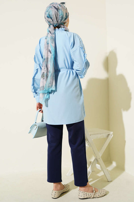 Kol Fırfırlı İp Kuşaklı Gömlek Bebe Mavi