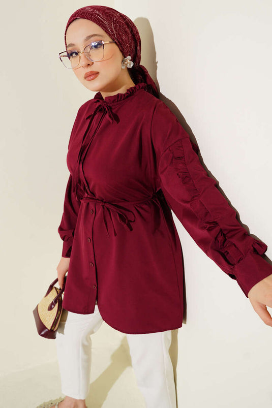 Long Sleeve Shirt with Ruffles and Rope Belt Burgundy