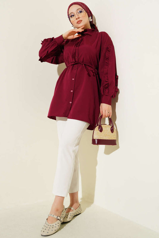 Long Sleeve Shirt with Ruffles and Rope Belt Burgundy